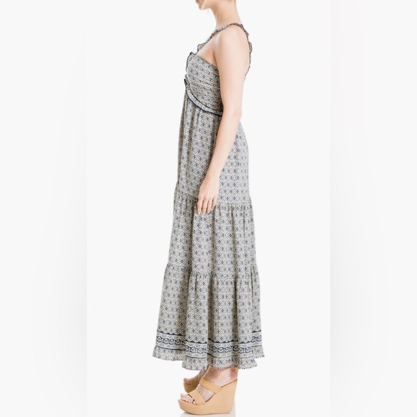Nwt Max Studio Boho Tiered Halter Maxi Dress, Xl Geometric Print Ruffle Straps — image 3 of 8